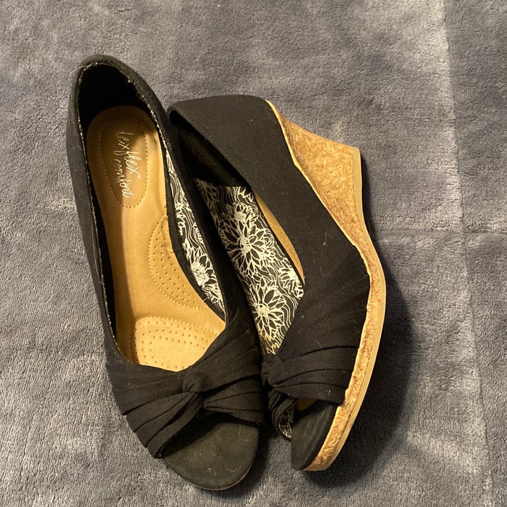 Black cloth cork wedge open toe